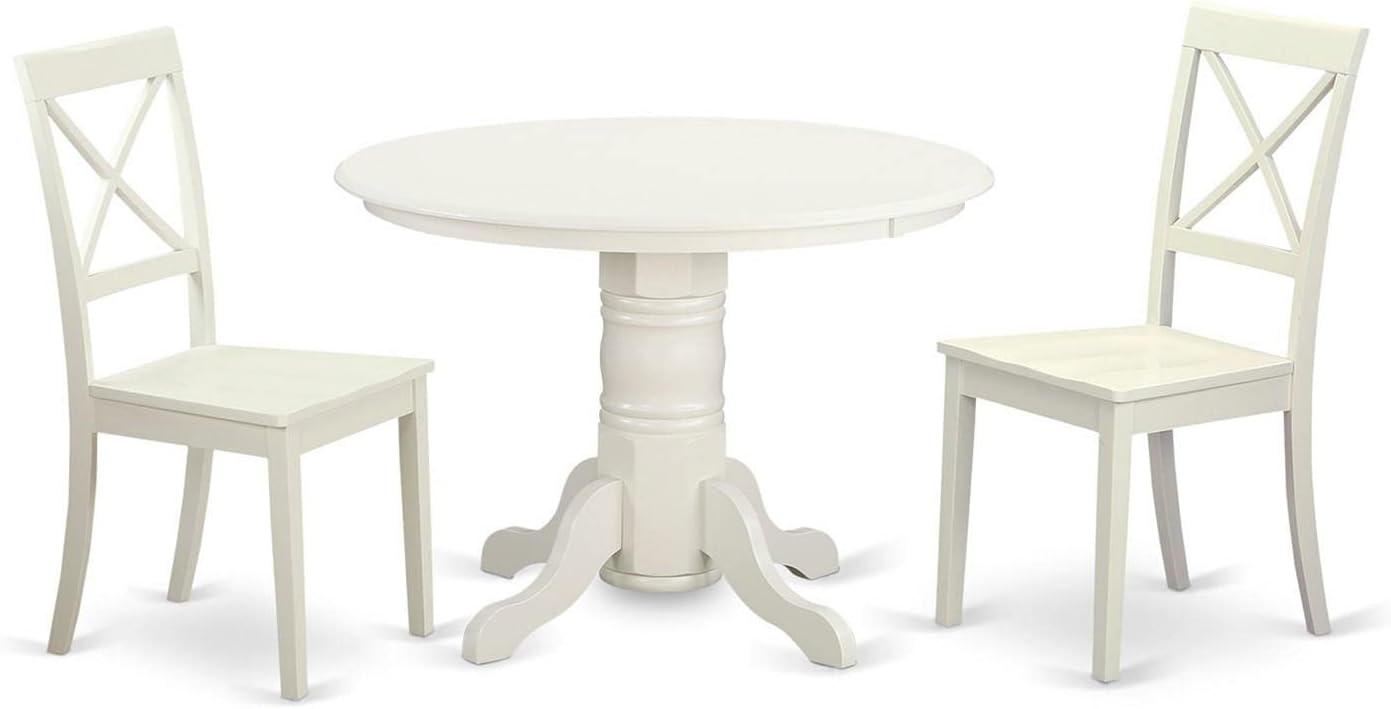 East West Furniture SHBO3-WHI-W 3 Piece Dinette Set for Small Spaces Contains a Round Dining Room Table with Pedestal and 2 Kitchen Dining Chairs, 42x42 Inch, Linen White