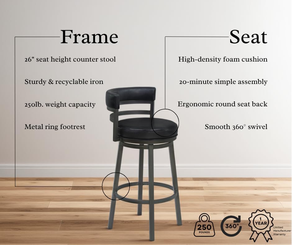 Armen Living Madrid 26" Counter Height Swivel Barstool in Ford Black Faux Leather and Mineral Finish