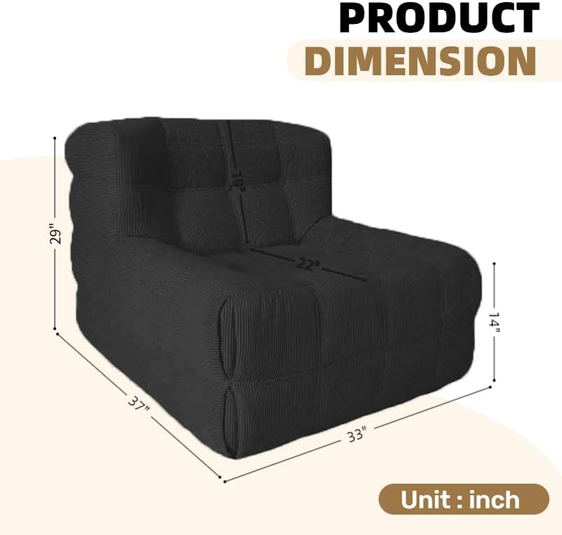 Bean Bag Chair - Memory Foam Bean Bag Chair for Adults, Comfy High-Resilience Single Sofa, Small Space Floor Chair, Chaise Lounge for Living Room, Bedroom (Black, Square)