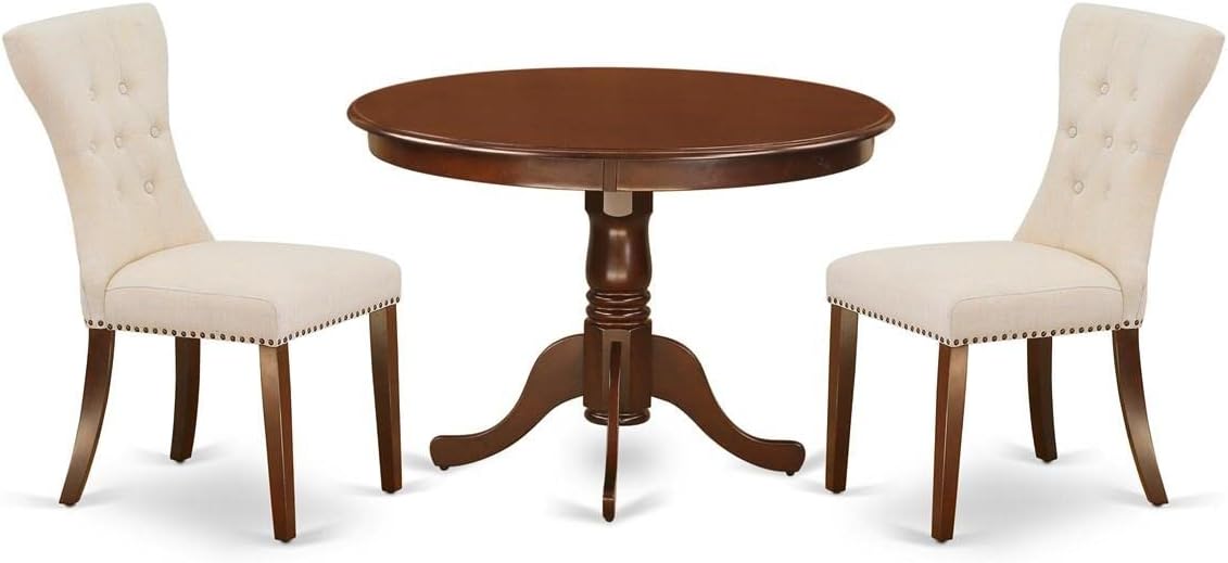 East West Furniture HLGA3-MAH-32 3 Piece Dining Room Table Set Contains a Round Dining Table with Pedestal and 2 Light Beige Linen Fabric Upholstered Chairs, 42x42 Inch, Mahogany