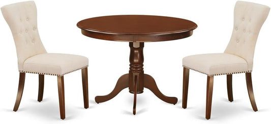 East West Furniture HLGA3-MAH-32 3 Piece Dining Room Table Set Contains a Round Dining Table with Pedestal and 2 Light Beige Linen Fabric Upholstered Chairs, 42x42 Inch, Mahogany