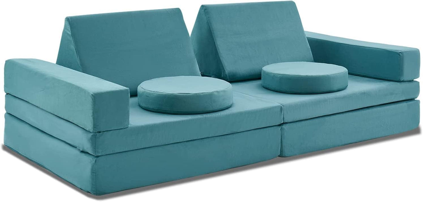 jela Kids Play Couch Extended Size 10PCS with futons, Floor Sofa Modular Play Couch Furniture for Kids and Adults, Modular Play Sofa Castle (Light Blue)