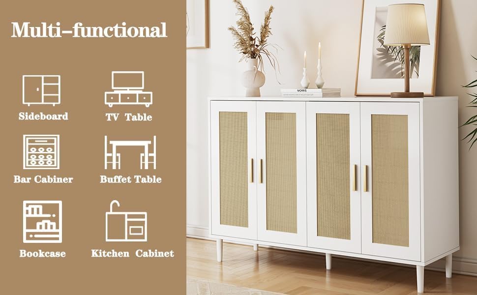Sideboard - Buffet Cabinet with Storage, Rattan Storage Cabinet with 4 Doors and Adjustable Shelves, Accent Sideboard with Solid Wood Leg for Living Room (White)