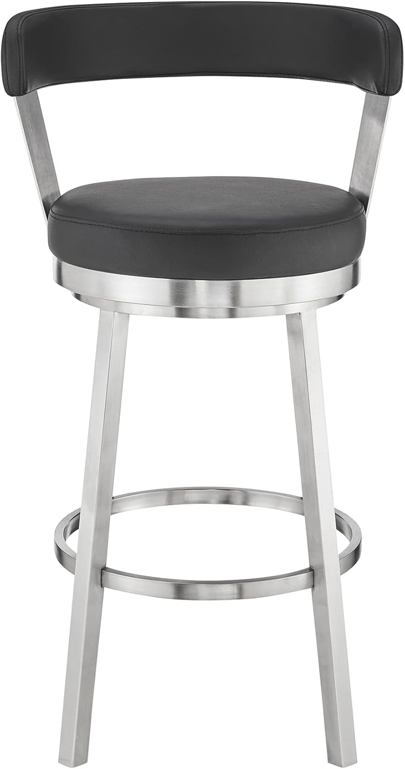 Armen Living Bryant Modern 26" Seat Height Black Faux Leather and Brushed Stainless Steel Metal Swivel Bar Stool for Kitchen Island Counter