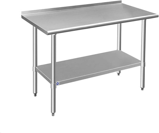 ROCKPOINT Stainless Steel Table for Prep & Work with Backsplash 24x48 Inches, NSF Metal Commercial Kitchen Heavy Duty Table with Adjustable Under Shelf and Table Foot for Restaurant, Home and Hotel