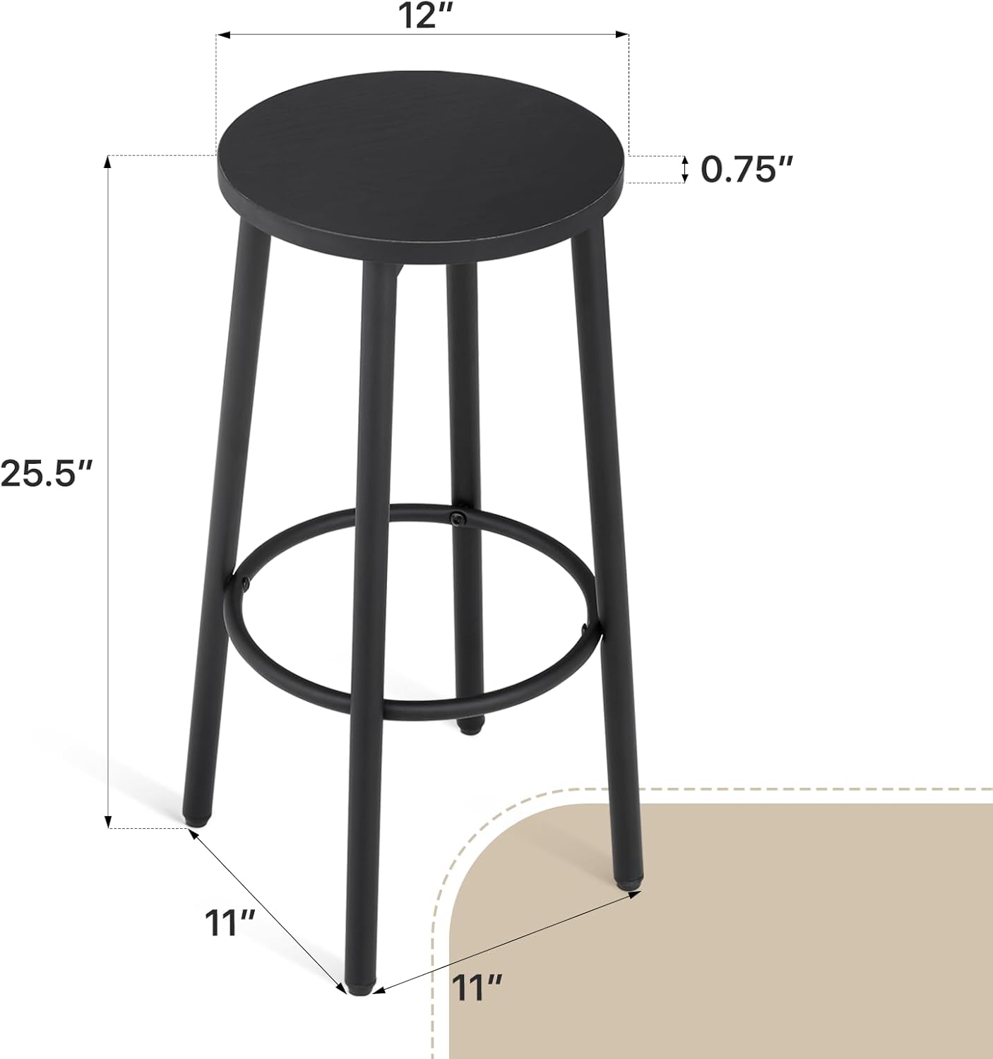 Athena Collection Bar Stools Set of 2, 25.5 Inches Round Counter Height Bar Stools Backless with Metal Legs and Footrest, Wood Barstools for Home, Kitchen Island, Counter, Black