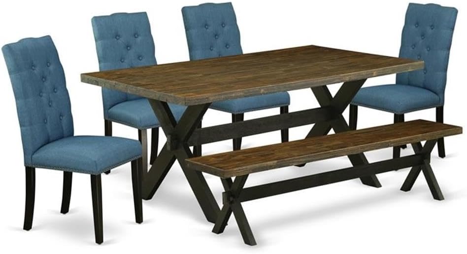 East West Furniture X677EL121-6 6 Piece Dining Set Contains a Rectangle Dining Room Table with X-Legs and 4 Blue Linen Fabric Parson Chairs with a Bench, 40x72 Inch, Multi-Color