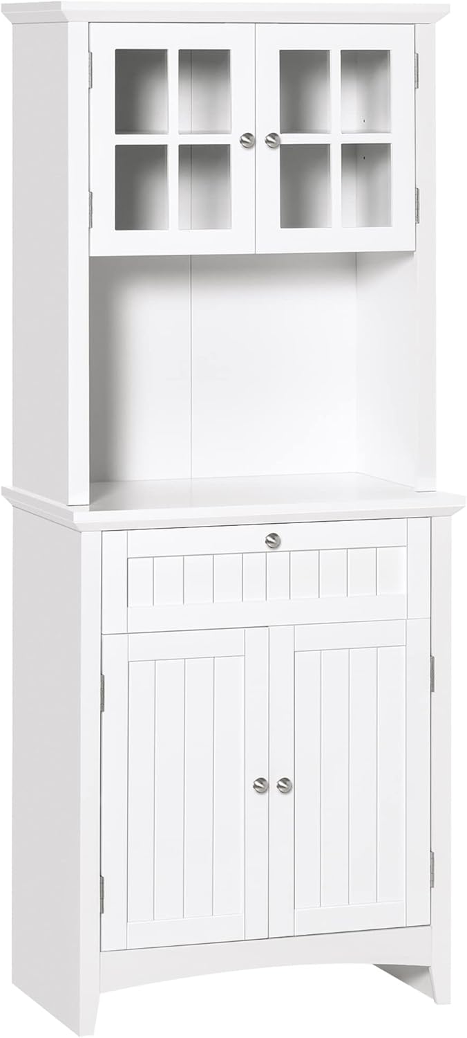 HOMCOM Elegant Buffet with Hutch, Kitchen Pantry Storage Cabinet with Framed Glass Door Drawer and Microwave Space, White