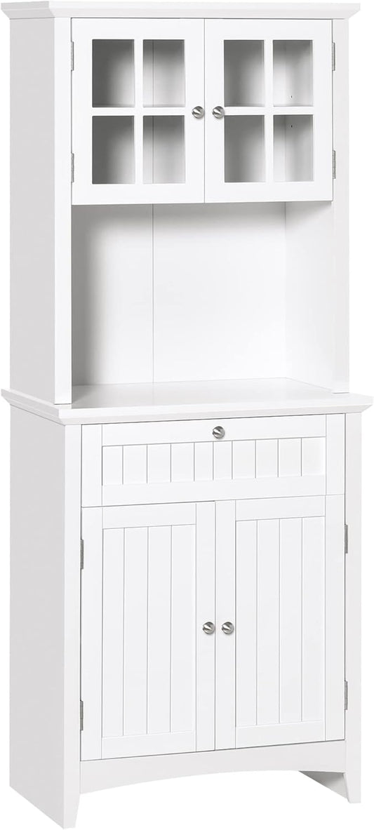 HOMCOM Elegant Buffet with Hutch, Kitchen Pantry Storage Cabinet with Framed Glass Door Drawer and Microwave Space, White