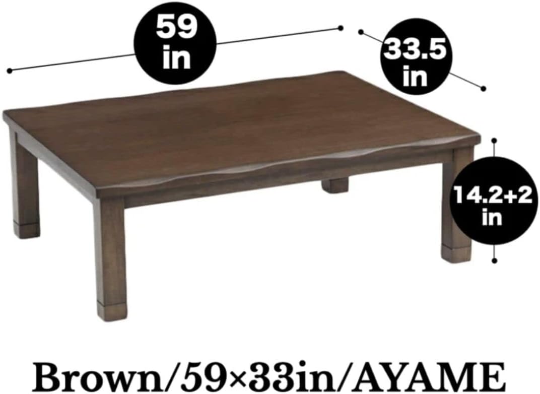 BJDesign Kotatsu - Japanese Heated Table - Wooden Chabudai Furniture with 120V Electric Heater - Low-Lying Dining and Work Desk with Temperature Control Knob (59x33in, Brown)