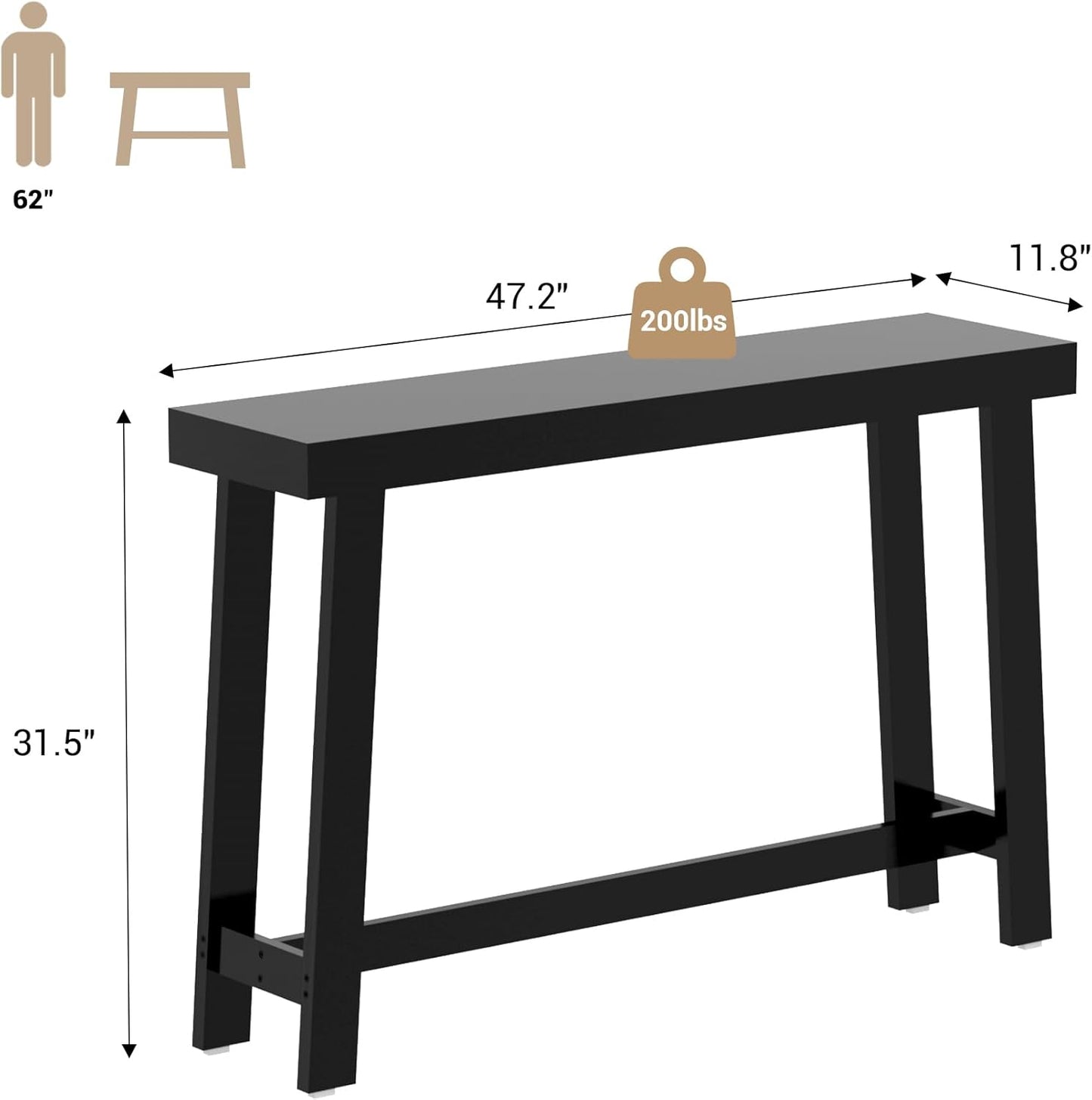Bamboo Wood Entryway Table 47.2" Console Table, Narrow Sofa Table with Support Beam for Entrance, Hallway, Living Room, Bedroom, Foyer(Black)