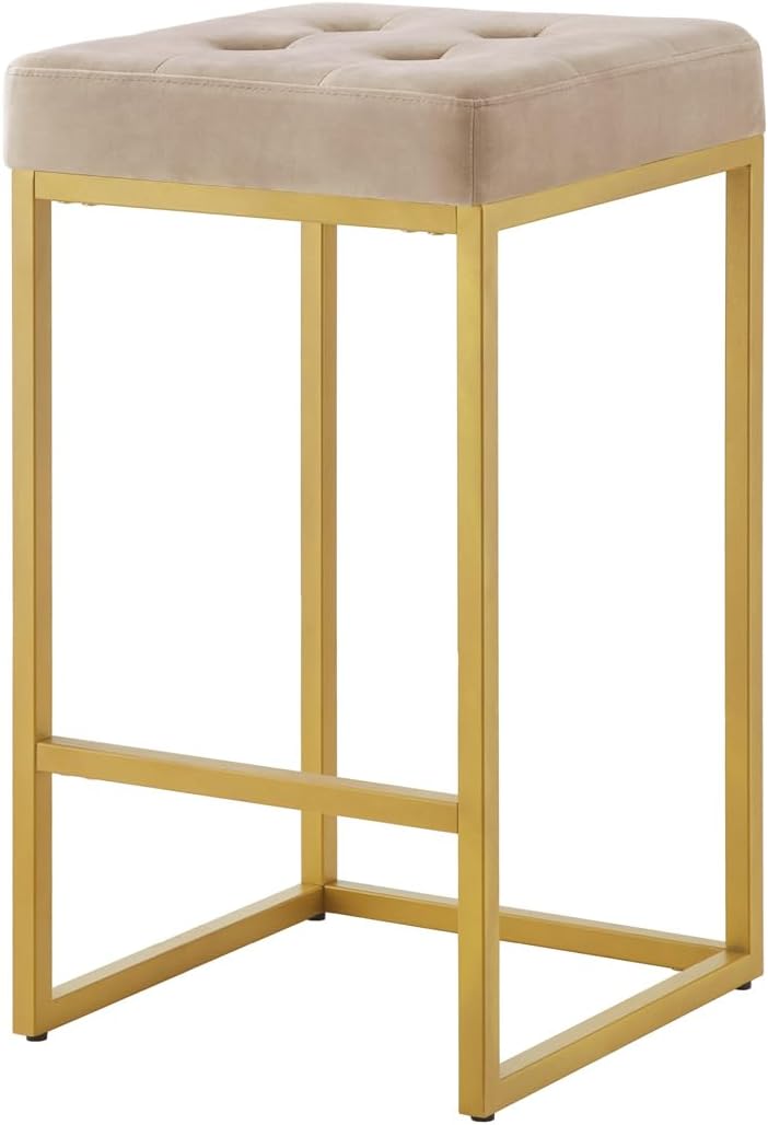 24KF Contemporary Counter Height Bar Stool Set of 2 for Kitchen Island, 26" H Velvet Padded Gold Barstool Bar Chair,5066-Taupe