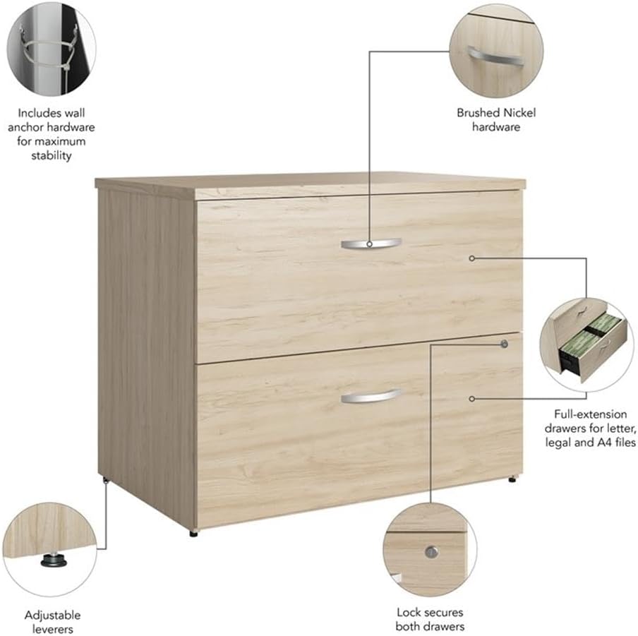 Bush Business Furniture Studio C 2 Drawer Lateral File Cabinet in Natural Elm - Assembled, Locking Document Storage for Home or Professional Office