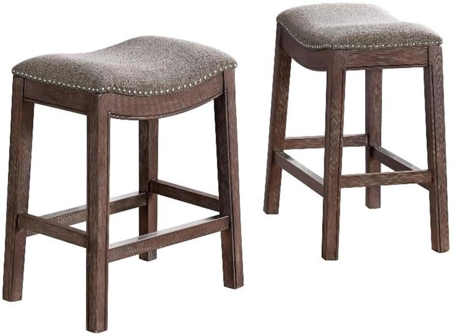 Williston Dark Brown Wood Counter Height Stool Set of 2, 18.25 in. W Seat with Linen-Like Fabric & Silver Satin Nail Heads, Kitchen Furniture Bar Stools w/Solid Rubberwood Frame & Metal Kick Plate