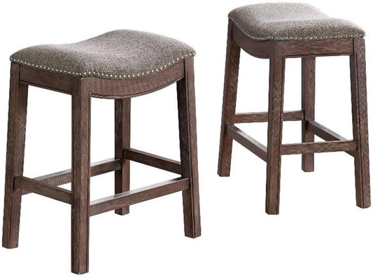 Williston Dark Brown Wood Counter Height Stool Set of 2, 18.25 in. W Seat with Linen-Like Fabric & Silver Satin Nail Heads, Kitchen Furniture Bar Stools w/Solid Rubberwood Frame & Metal Kick Plate