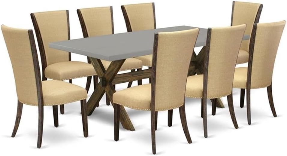 East West Furniture X797VE703-9 9 Piece Dining Set Includes a Rectangle Dining Room Table with X-Legs and 8 Brown Linen Fabric Upholstered Parson Chairs, 40x72 Inch, Multi-Color