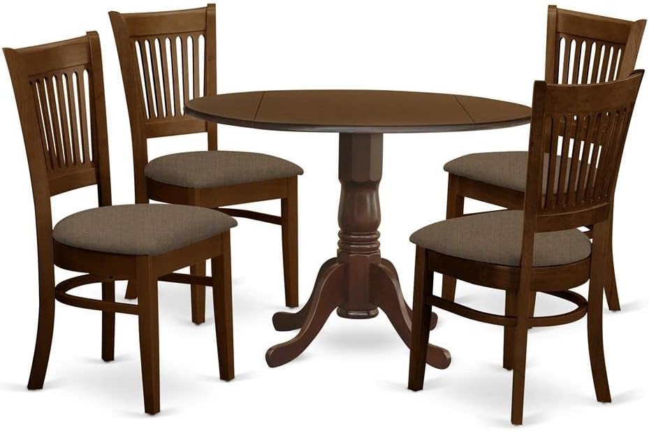 East West Furniture DLVA5-ESP-C 5 Piece Dining Set Includes a Round Dining Room Table with Dropleaf and 4 Linen Fabric Upholstered Chairs, 42x42 Inch, Espresso