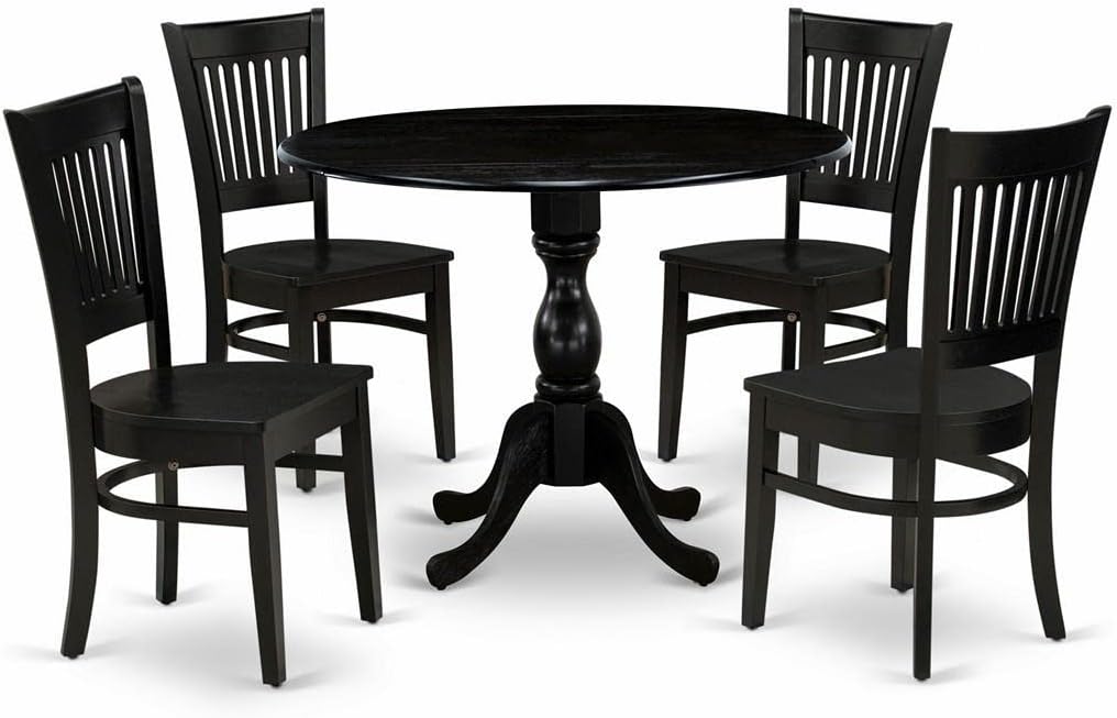 East West Furniture DMVA5-BLK-W 5 Piece Dinette Set for 4 Includes a Round Dining Room Table with Dropleaf and 4 Dining Chairs, 42x42 Inch, Black
