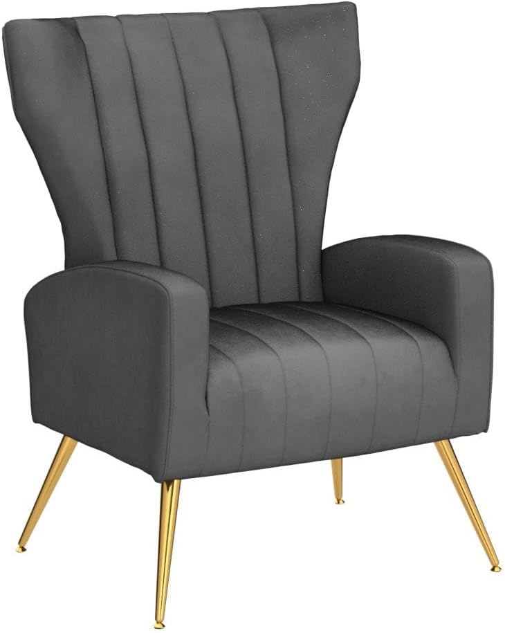 Container Furniture Direct Modern Velvet Accent Chair, Channel Tufted Bedroom, Office or Living Room Furniture with Elegant Metal Legs, 26" Wide Armchair, Grey