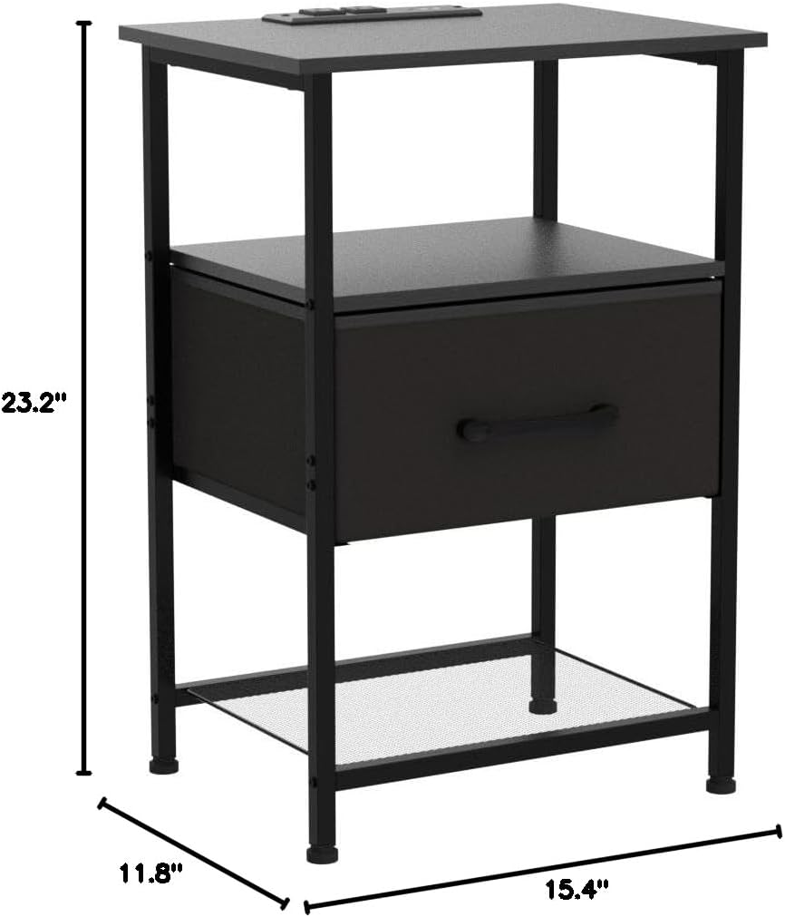 Nightstands Set of 2 with Charging Station and Drawer, End Table Bedside Table with 20 Colors LED Light Strip and 2 Layers Shelf for Bedroom Living Room Sofa Couch (Black)