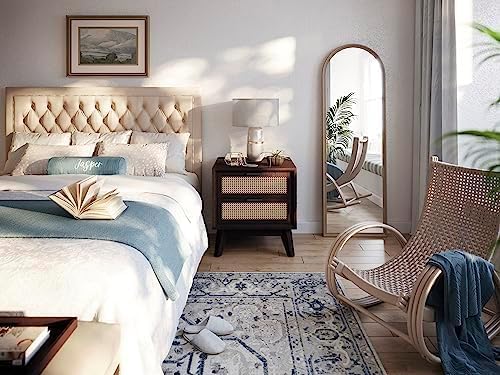 Bme Jasper Deluxe Solid Wood Rattan Nightstand Fully Assembled - Mid Century Modern Side Table with 2 Drawers - Multipurpose use for Living Room, Bedroom - Walnut