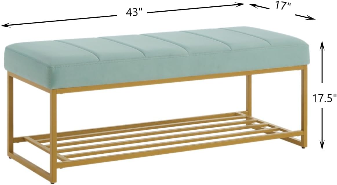 24KF Seaglass Velvet Upholstered End of Bed Bench with Metal Shelf, Modern Tufted Channel Entryway Bench Footboard Bench for Living Room, Bedroom, Gold Bench,5036-Seagalss