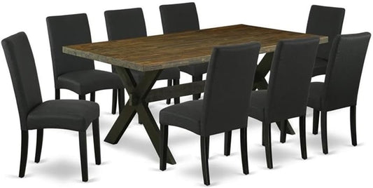 East West Furniture X677DR124-9 9 Piece Dining Room Table Set Includes a Rectangle Kitchen Table with X-Legs and 8 Black Color Linen Fabric Parson Dining Chairs, 40x72 Inch, Multi-Color