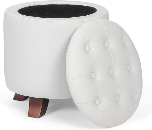 Athena Collection 15 Inch Small Ottoman with Storage, Round PU Leather Storage Ottoman Foot Rest with Removable Lid, Multipurpose Footstool Footrest for Living Room, Bedroom, Dorm, White