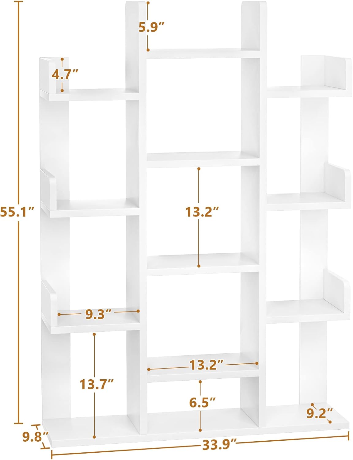 Aheaplus Bookshelf, Tree-Shaped Bookcase Storage Shelf with 13 compartments, Books Organizer Display Cube Shelves, Industrial Free Floor Standing Wood Open Bookshelves for Home, White