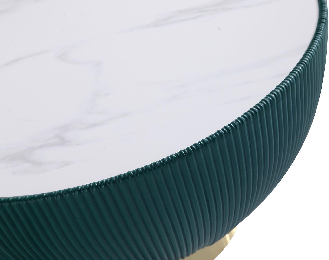 Manhattan Comfort Anderson Modern 28.15" Round Coffee Table 2.0 - Ceramic Marble Tabletop, Elegant Pleated Leatherette Details & Gold Base, Fully Assembled Accent Furniture, Set of 1, Green