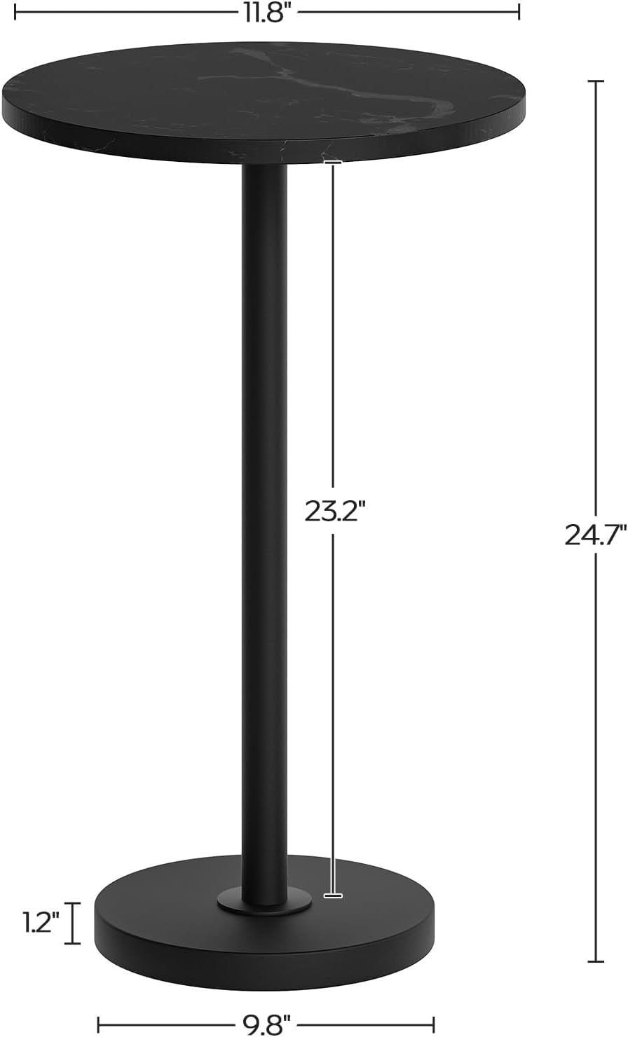 Round Side Table, Tall Drink End Table for Small Spaces, Pedestal Style Martini Side Table in Living Room, Bedroom, Dormitory, Marble Black and Black ET30BM