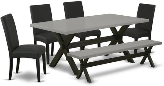 East West Furniture X697DR124-6 6 Piece Dining Set Contains a Rectangle Dining Room Table with X-Legs and 4 Black Color Linen Fabric Parson Chairs with a Bench, 40x72 Inch, Multi-Color
