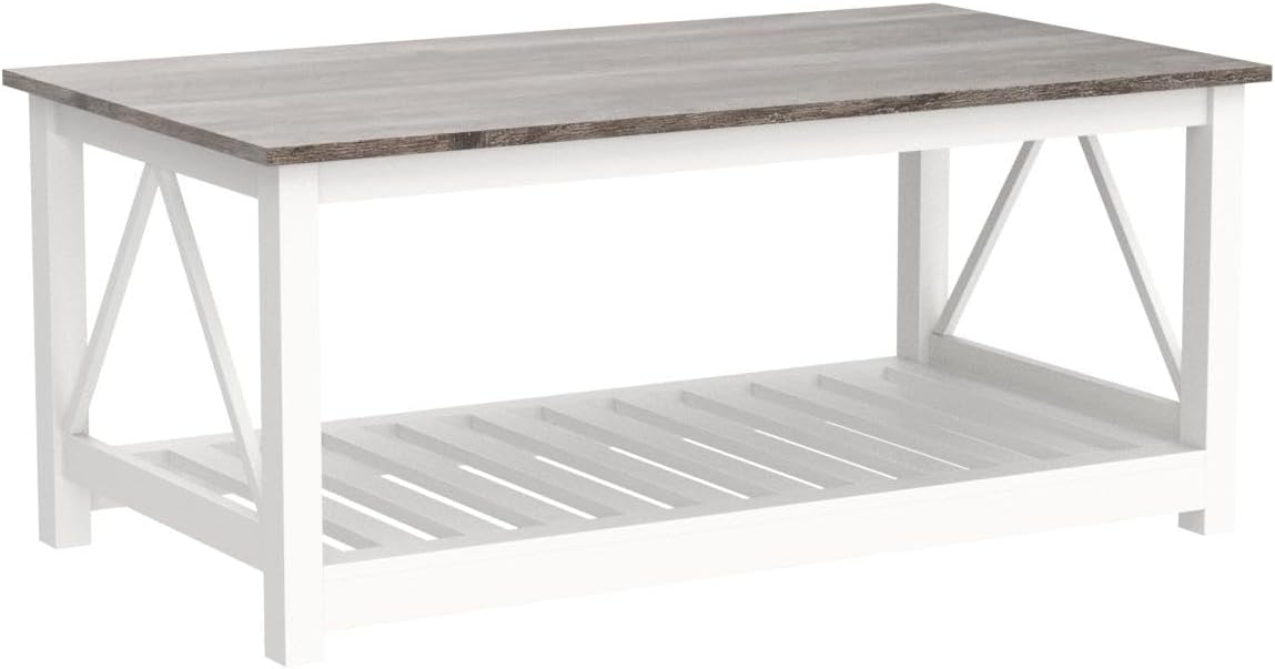 Farmhouse Coffee Table for Living Room, 2-Tier Rectangular Wooden Centre Cocktail Table with Slats Shelf Storage and V-Shaped Frame, Oak Grey
