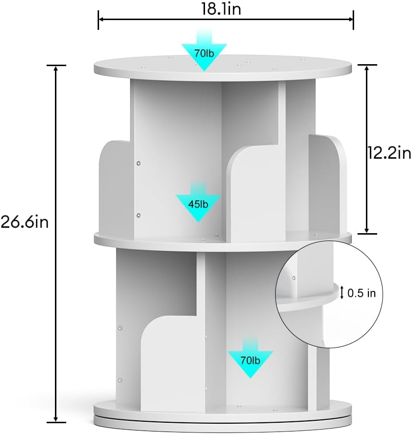 Nidouillet Rotating Bookshelf, Revolving Bookcase 360 Display Round Bookshelf, High-Density MDF Wood Narrow Swivel Corner Book Shelf Standing Bookcase for Adult Bedroom, Living Room (White, 2 Tier)