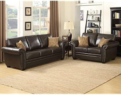 AC Pacific Louis Traditional Upholstered Leather Living Room Piece with Antique Brass Nail Head Trim, 2 Set, Umber