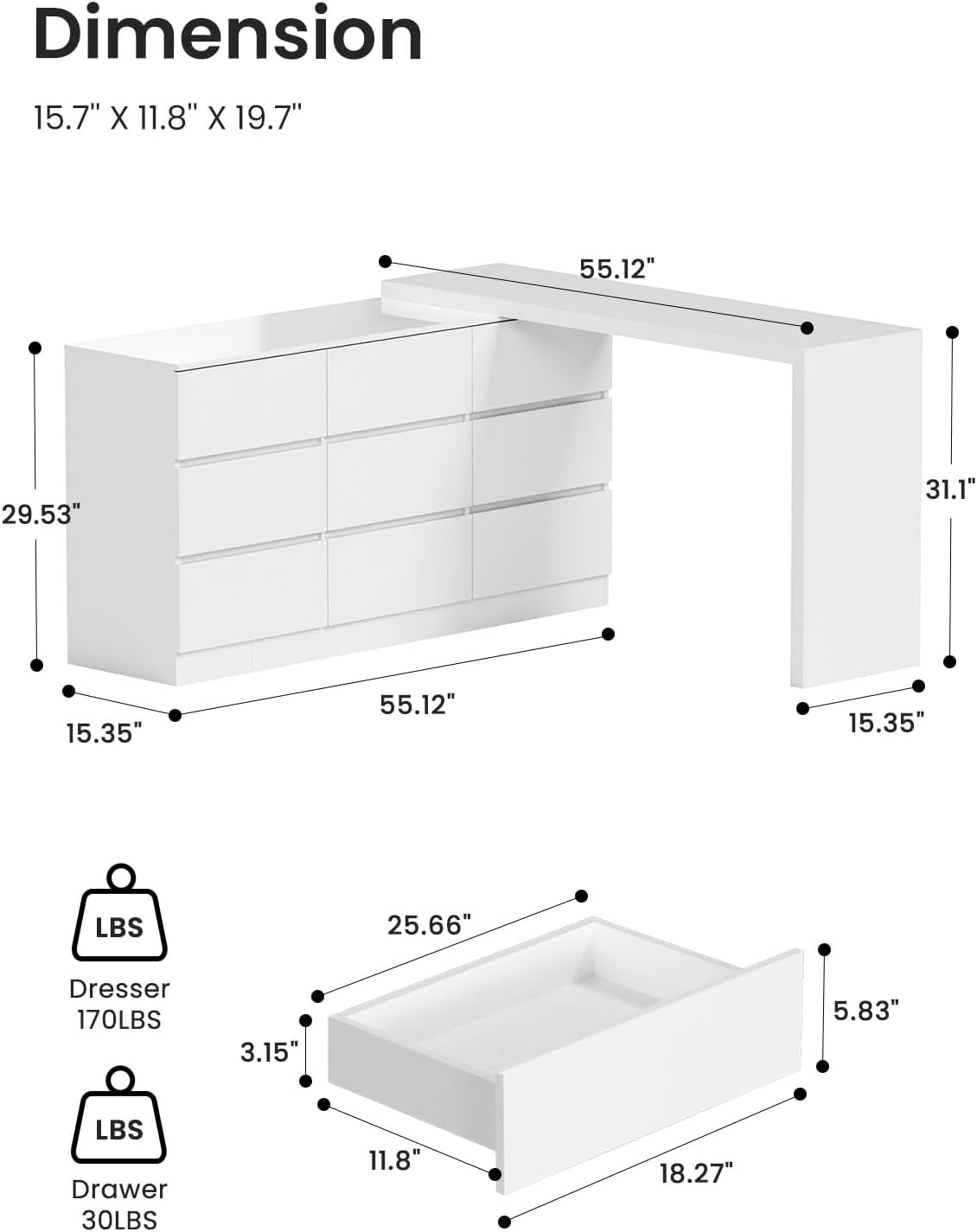9 Drawer Vanity Dresser Combo with Extendable Table & L-Shaped Desk, White MDF Large Dresser with Deep Storage for Bedroom, Adjustable Desk and Vanity Combo for Small Spaces
