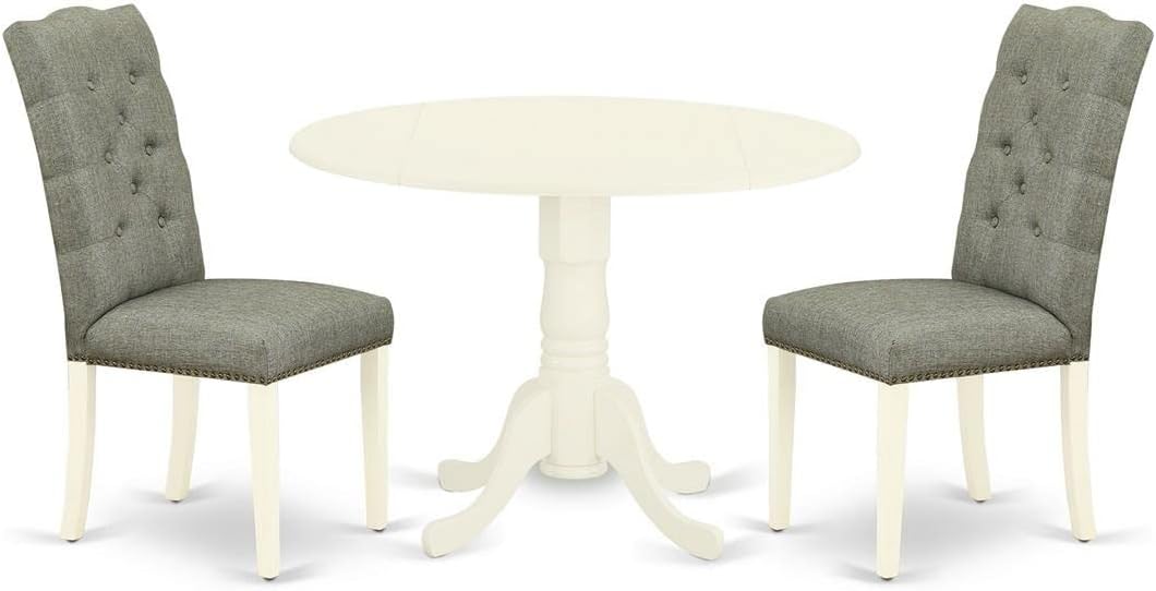 East West Furniture DLEL3-WHI-07 3 Piece Modern Dining Table Set Contains a Round Wooden Table with Dropleaf and 2 Gray Linen Fabric Parson Dining Room Chairs, 42x42 Inch, Linen White
