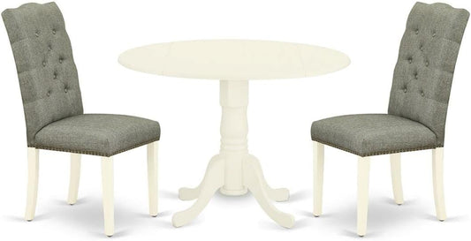 East West Furniture DLEL3-WHI-07 3 Piece Modern Dining Table Set Contains a Round Wooden Table with Dropleaf and 2 Gray Linen Fabric Parson Dining Room Chairs, 42x42 Inch, Linen White