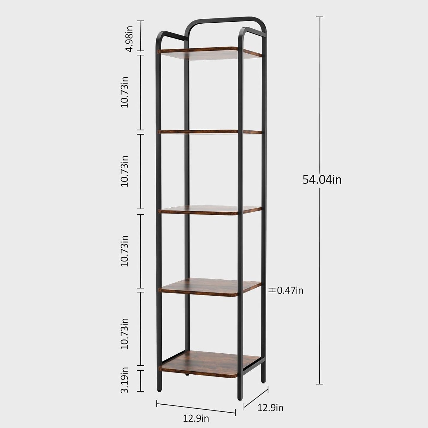 5 Tier Bookshelf, Bookcase with 5 Shelves, Storage Rack Organizer, Corner Wood Storage Shelf with Metal Frame for Bedroom, Living Room, Rustic Brown