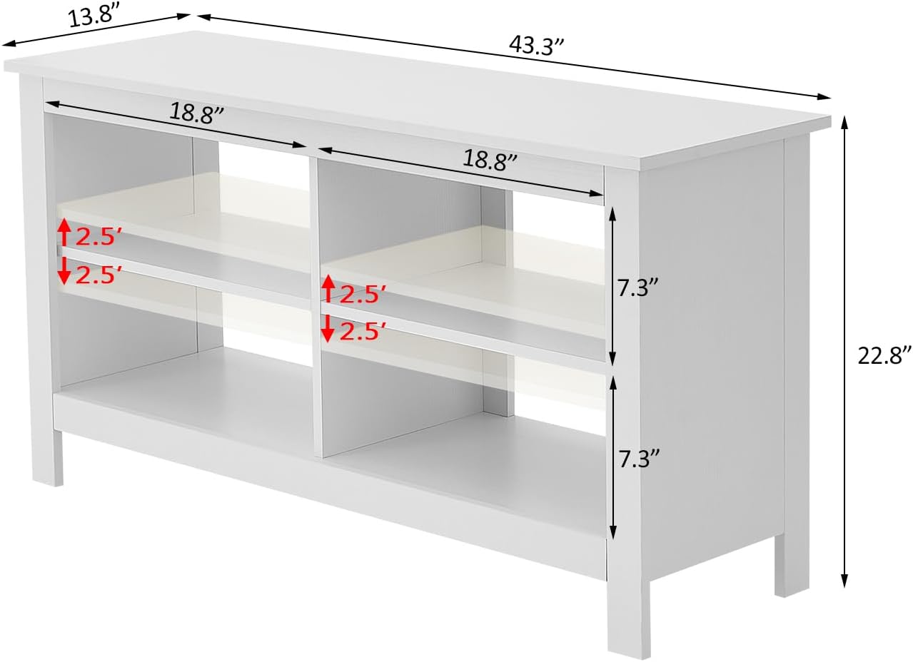 43 Inches TV Stand,Mid Century Modern Entertainment Center with 4 Open Shelves Farmhouse TV Media Console Table for Living Room,Bedroom,Television Stand up to 50 Inches(White)