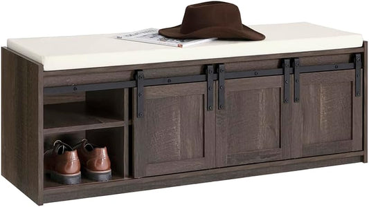 Haotian Industrial Style Shoe Storage Bench, Entryway Hallway Shoe Cabinet, Sliding Barn Doors, Drawer & Padded Seat Cushion, Rustic Window Bench for Mudroom (Brown)