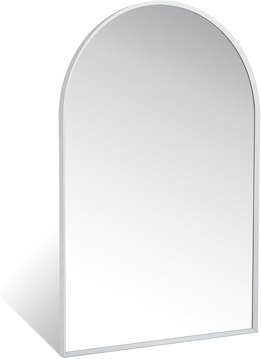 20" x 30" Silver Arched Mirror, Modern Aluminum Alloy Metal Frame, Arch Bathroom Vanity and Wall Decor Mirror for Bathroom, Living Room, Bedroom, Entryway