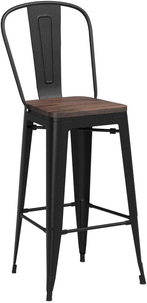 Yongqiang Black Metal Bar Stools Set of 4 Bar Height Stools Kitchen Island Barstools Industrial High Back Bar Chairs with Large Wooden Seat 30 inch