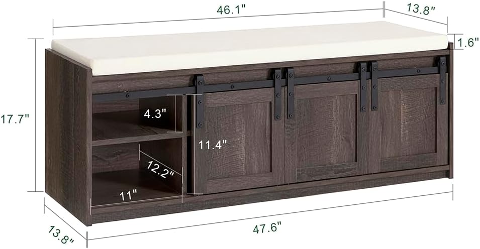 Haotian Industrial Style Shoe Storage Bench, Entryway Hallway Shoe Cabinet, Sliding Barn Doors, Drawer & Padded Seat Cushion, Rustic Window Bench for Mudroom (Brown)
