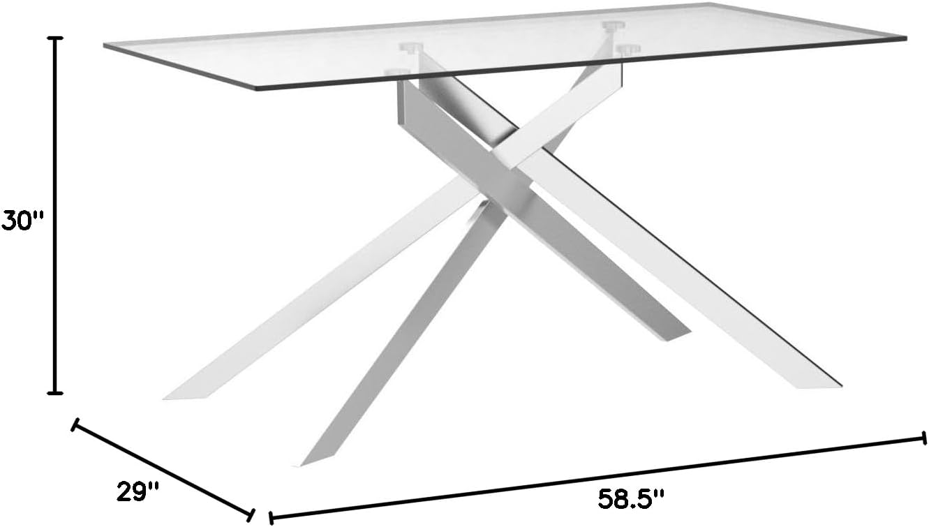 Edwin's Choice 58.5” Rectangle Glass Dining Table, Tempered Glass Tabletop and Metal Tubular Legs, Modern Style Table for Home, Kitchen, Dining Room 58.5”Lx29”Wx30”H, Silver