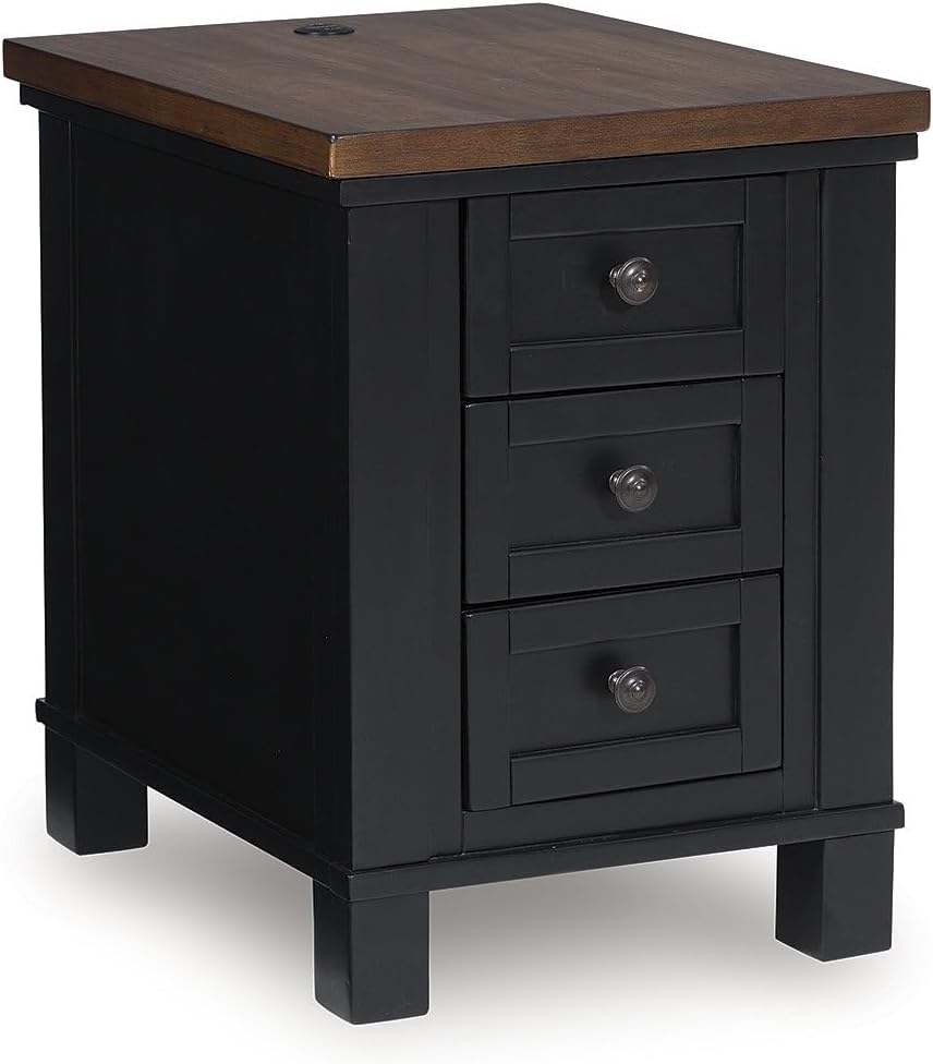 Signature Design by Ashley Wildenauer Farmhouse 3-Drawer Chairside End Table with USB Ports, Light Brown & Black