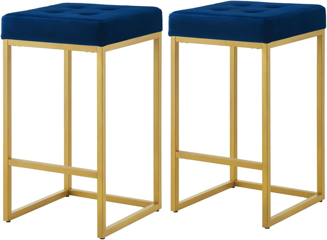 24KF Contemporary Counter Height Bar Stool Set of 2 for Kitchen Island, 26" H Velvet Padded Gold Barstool Bar Chair,5066-Navy