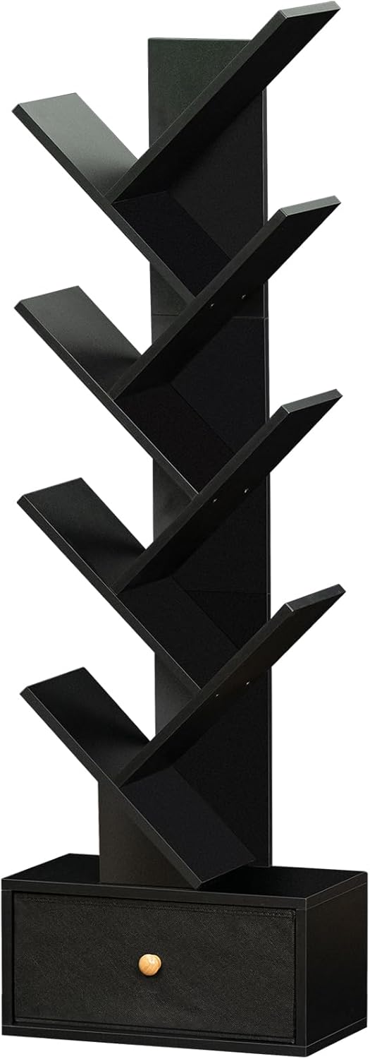 8 Tier Tree Bookshelf with Drawer, Free Standing Wood Bookcase for Living Room, Bedroom, Home Office, Space Saving Storage Organizer Bookshelves for Books, CDs, Vinyl Records- Black