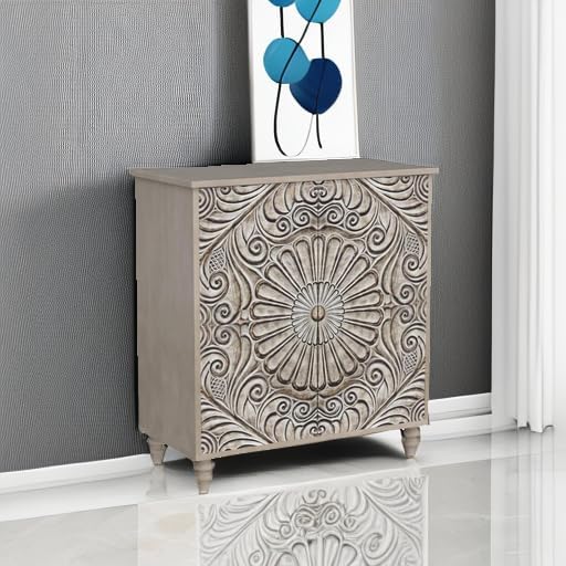 COSIEST 32" W Sideboard Buffet Cabinet with Storage, Accent Cabinet with 2 Push-to-Open Magnetic Doors, Vintage MDF Buffet Table for Living Room, Kitchen, Hallway (Gray,Flower Pattern)