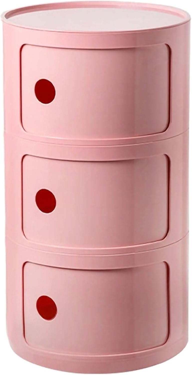 3 Tier Round Nightstand with Drawer, Pink Round Side Table Small Plastic Storage End Table Suitable for Bedroom, Living Room, Bathroom (Pink)